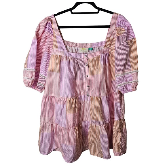 Maeve Anthropologie 2X Gable Tiered Top Pink Striped Square Neck Puff Sleeve - Picture 1 of 8